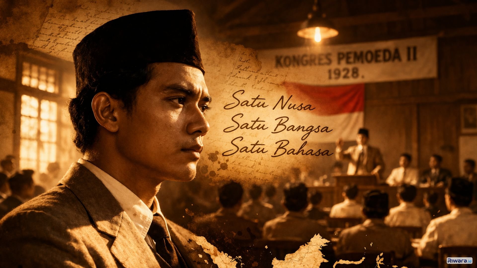 Ilustrasi Muhammad Yamin muda dalam suasana Sumpah Pemuda, yang dikenal sebagai salah satu perumus gagasan bahasa persatuan dan nasionalisme Indonesia.